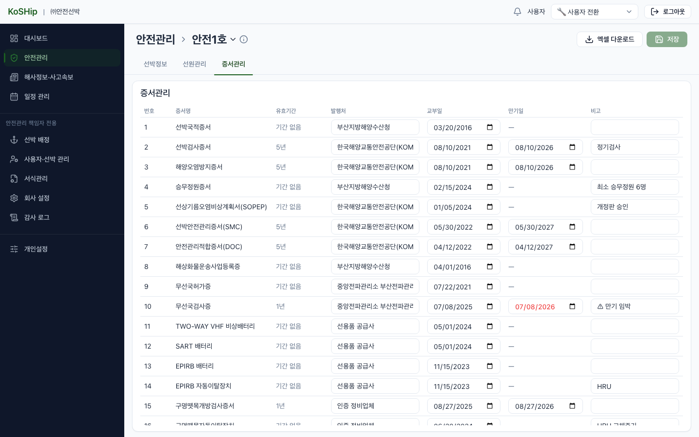 office 증서관리 — 유효기간·교부일·만기일